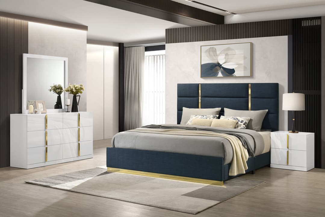 Ines 4-piece Queen Bedroom Set Navy and White High Gloss
