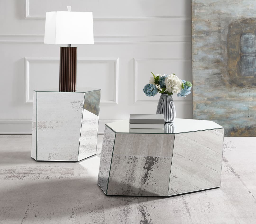 Capella 2-piece Mirrored Coffee and End Table Set Silver
